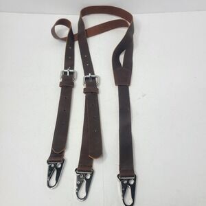 Mens Leather Dark Brown Suspenders Y Back Adjustable Straps With Metal Hooks